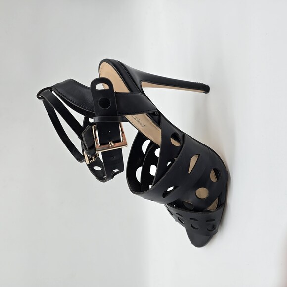 Shoe Dazzle Shoes - Black Faux Leather Laser Cut Strappy Heels - Size 8.5